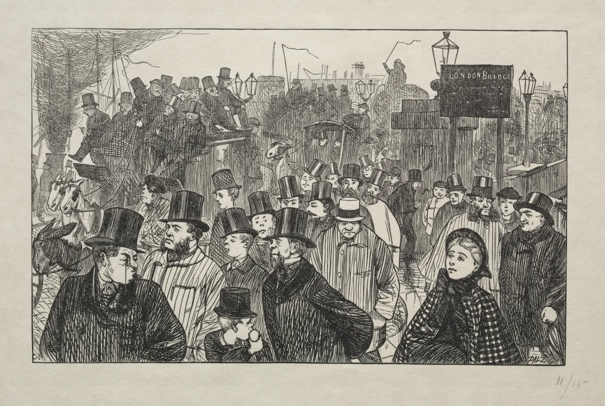 The Living Stream at London Bridge - On the Bridge by George Du Maurier, print, 1863