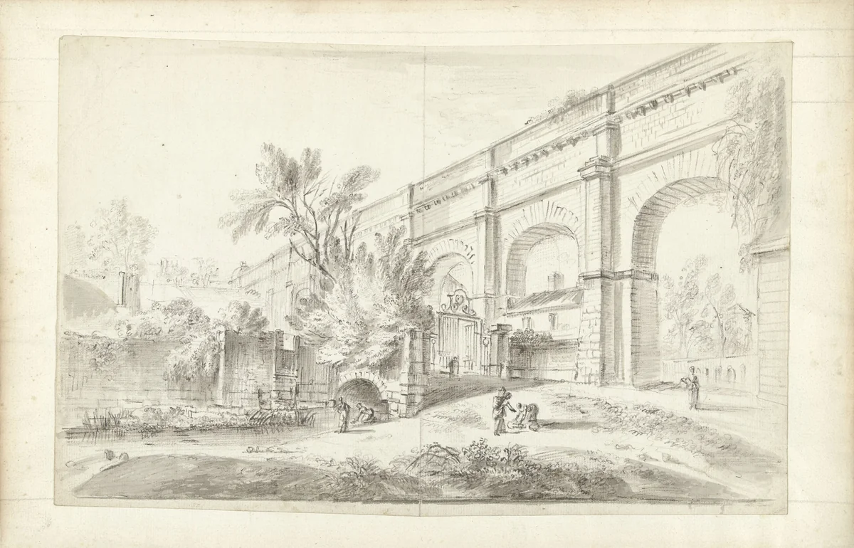 View of the aqueduct of Arcueil with figures by Jean Baptiste Lallemand, drawing, 1726-1803