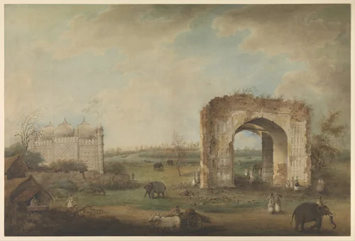 View of a Mosque and Gateway at Motijhil by Sita Ram, manuscript, 1790-1850