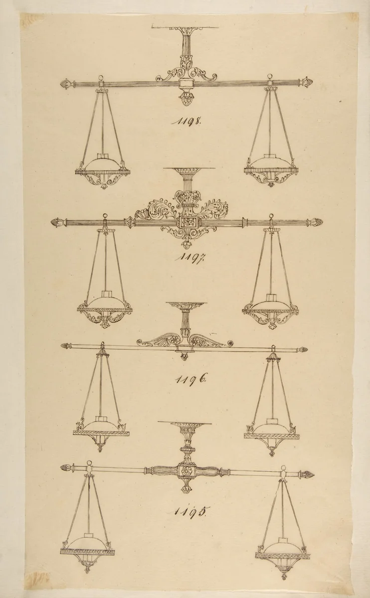 Four Designs for Hanging Light Fixtures by anonymous, drawing, 1800-1899