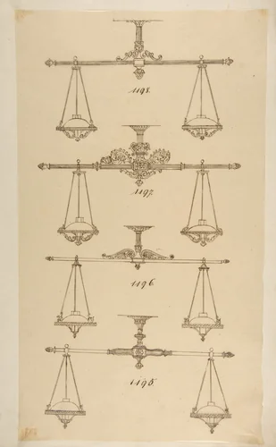 Four Designs for Hanging Light Fixtures by anonymous, drawing, 1800-1899
