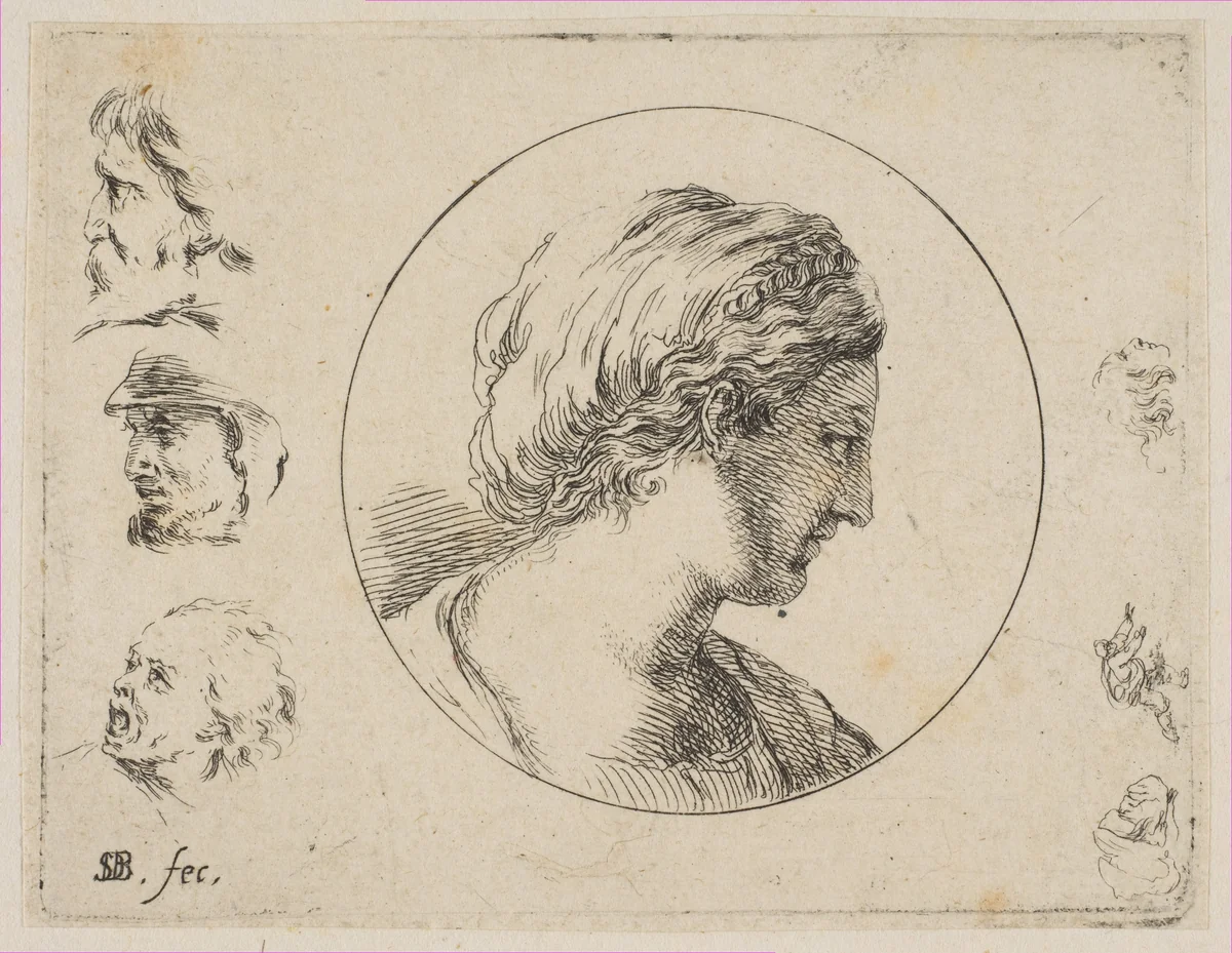 Plate 4: Head of a Woman in Profile, from 'Second collection of various doodles and etching proofs' (Second recueil de divers griffonnements et preuves d'eauforte) by Stefano della Bella, print, 1641-1651