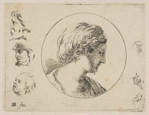 Plate 4: Head of a Woman in Profile, from 'Second collection of various doodles and etching proofs' (Second recueil de divers griffonnements et preuves d'eauforte) by Stefano della Bella, print, 1641-1651