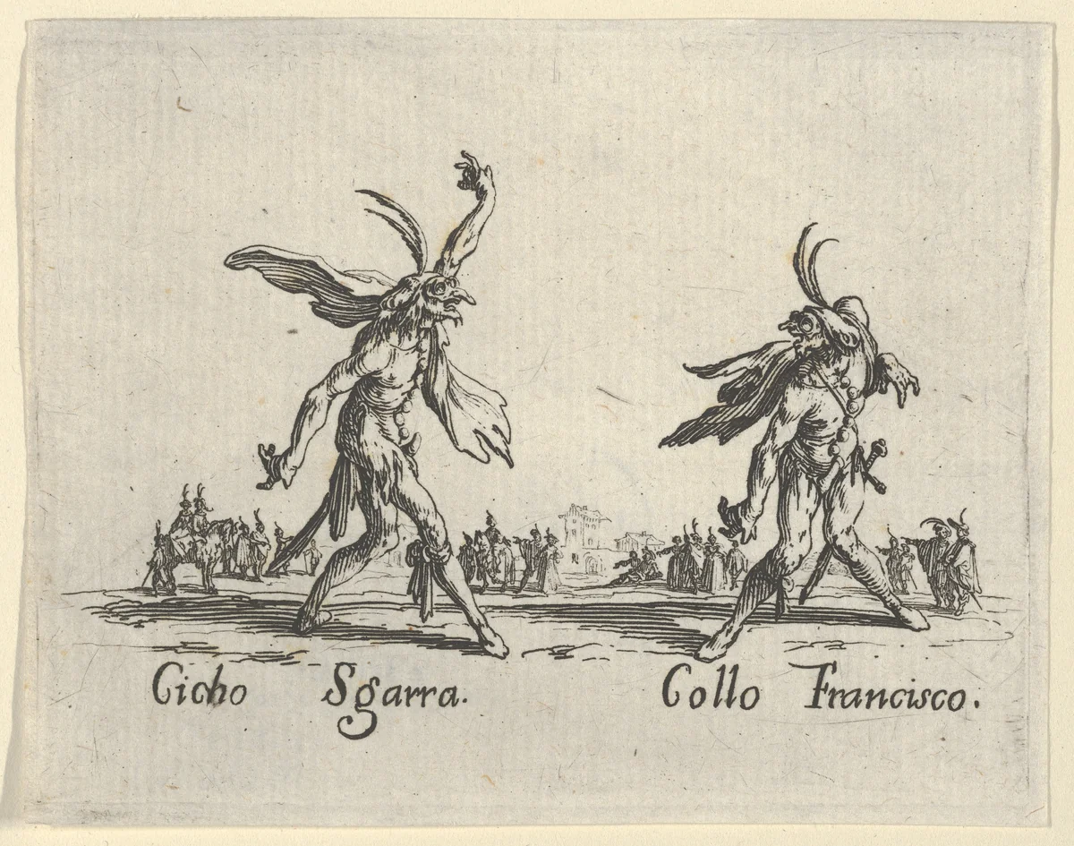 Cicho Sgarra - Collo Francisco, from "Balli di Sfessania" (Dance of Sfessania) by Jacques Callot, print, 1622