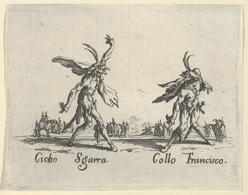 Cicho Sgarra - Collo Francisco, from "Balli di Sfessania" (Dance of Sfessania) by Jacques Callot, print, 1622