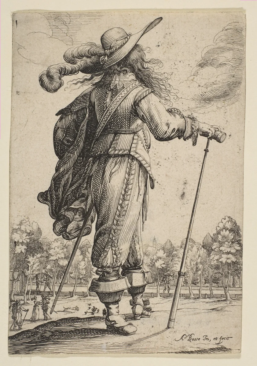 A Man Seen from the Back Leaning on a Croquet Mallet by Abraham Bosse, print, 1629