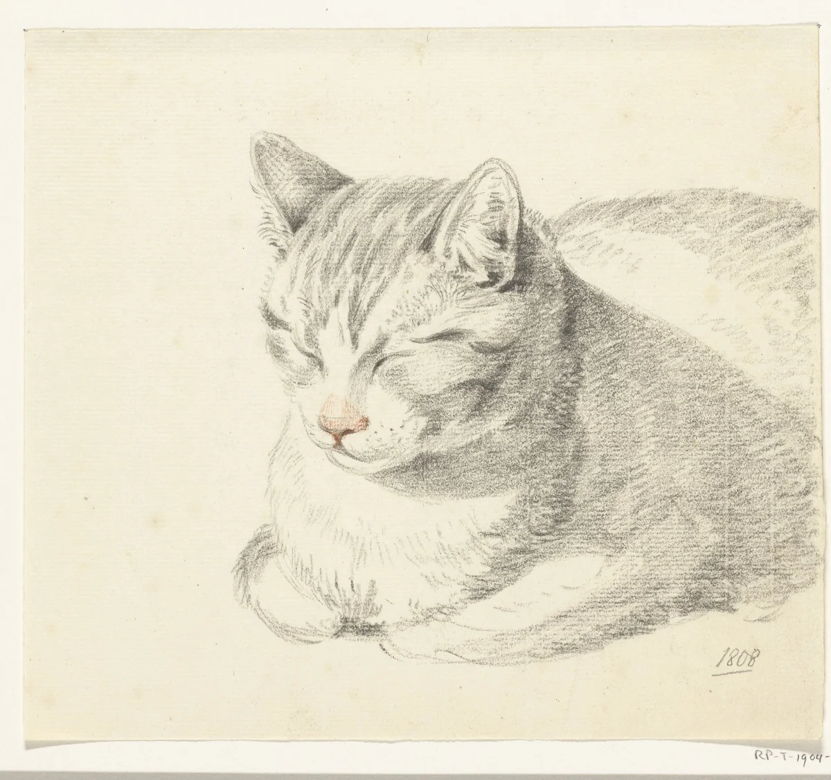 Liggende kat, schuin van voren by Jean Bernard, drawing, 1808