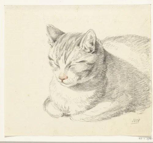 Liggende kat, schuin van voren by Jean Bernard, drawing, 1808
