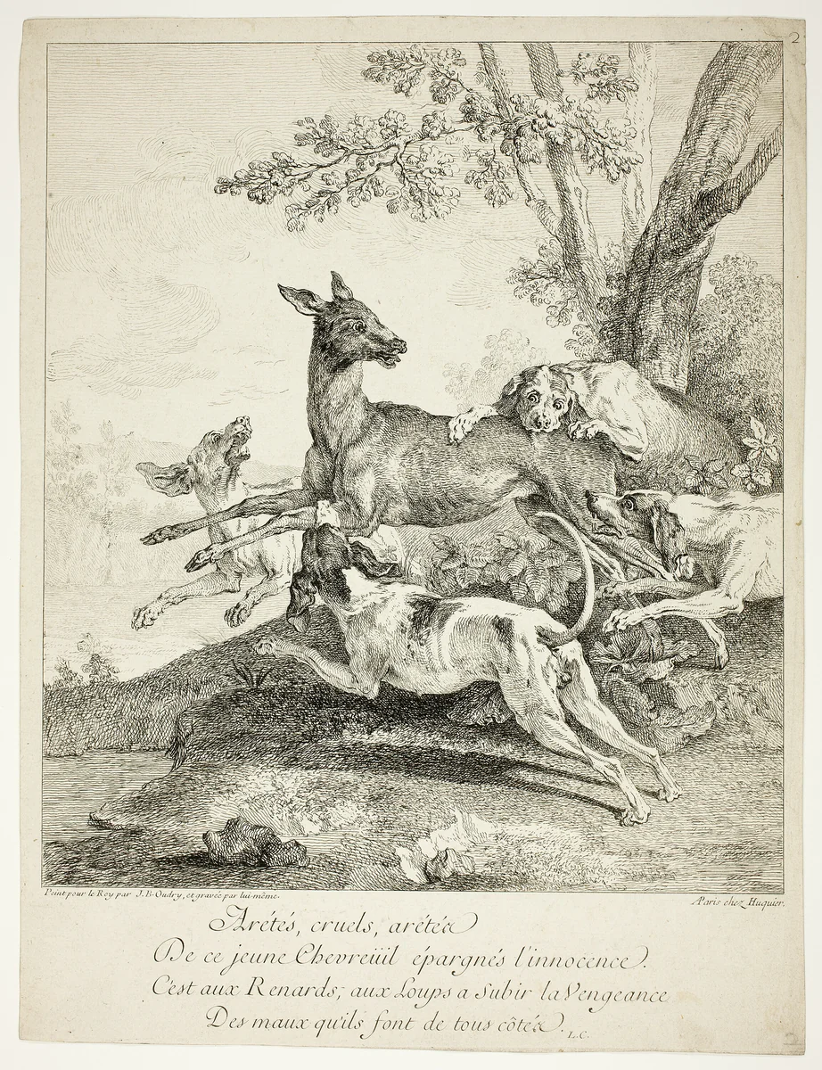 Deer Attacked by Dogs by Jean-Baptiste Oudry, print, 1725