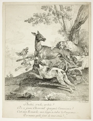 Deer Attacked by Dogs by Jean-Baptiste Oudry, print, 1725