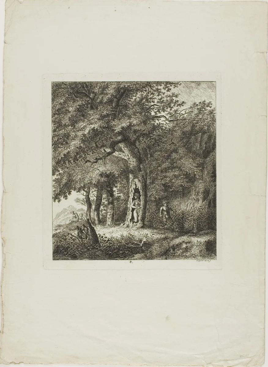 Nymph Hiding in a Tree, plate eight from Paysages Dédiés à M. Warelet by Salomon Gessner, print, 1764