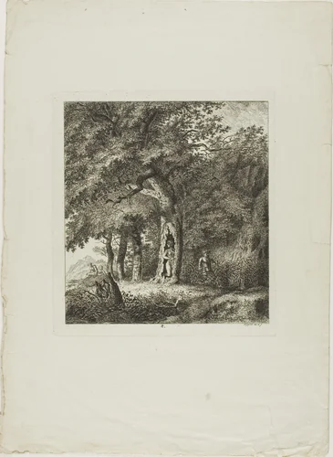 Nymph Hiding in a Tree, plate eight from Paysages Dédiés à M. Warelet by Salomon Gessner, print, 1764
