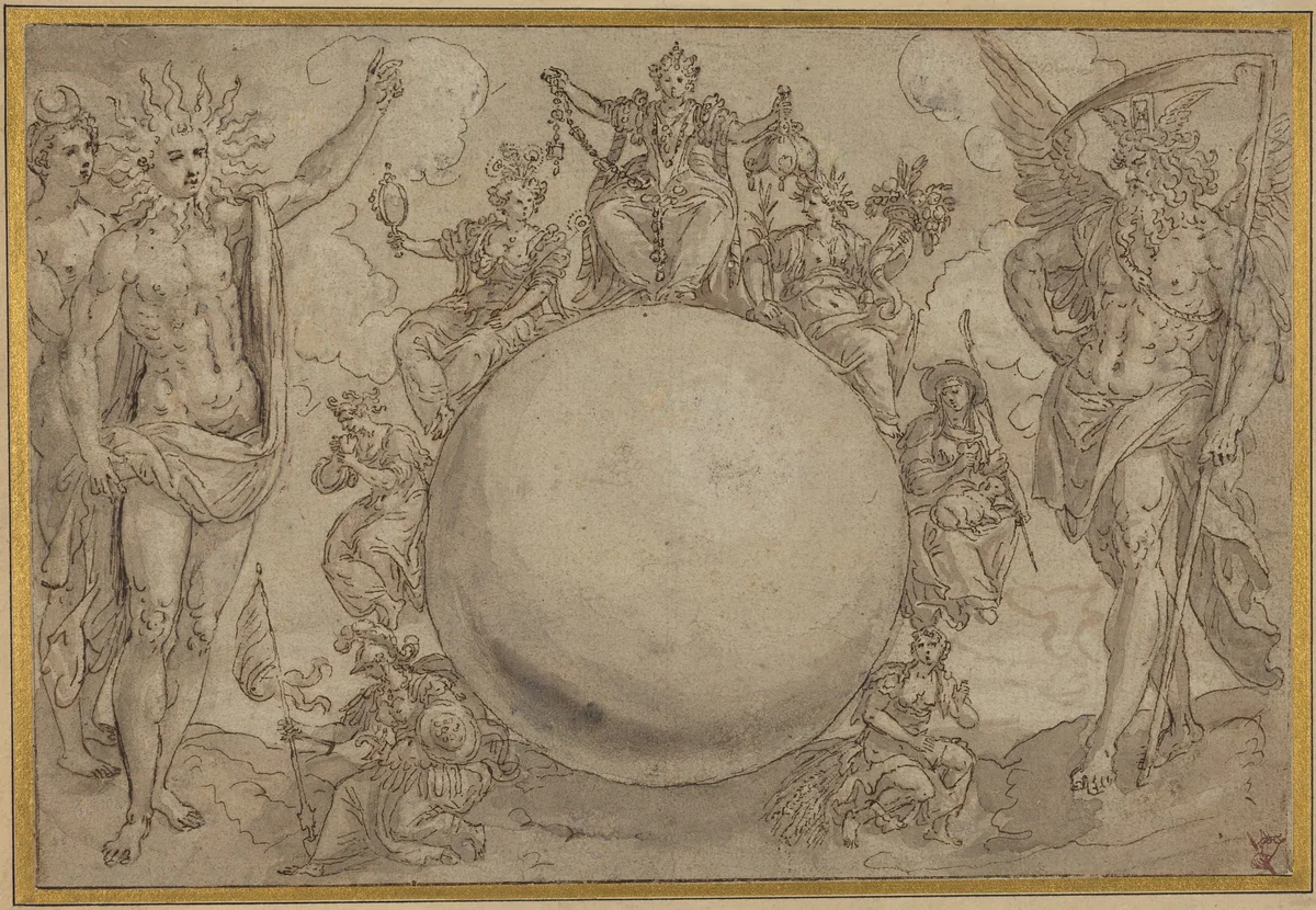 Apollo, Diana, and Time with the Cyclic Vicissitudes of Human Life by Maarten de Vos, drawing, 1561