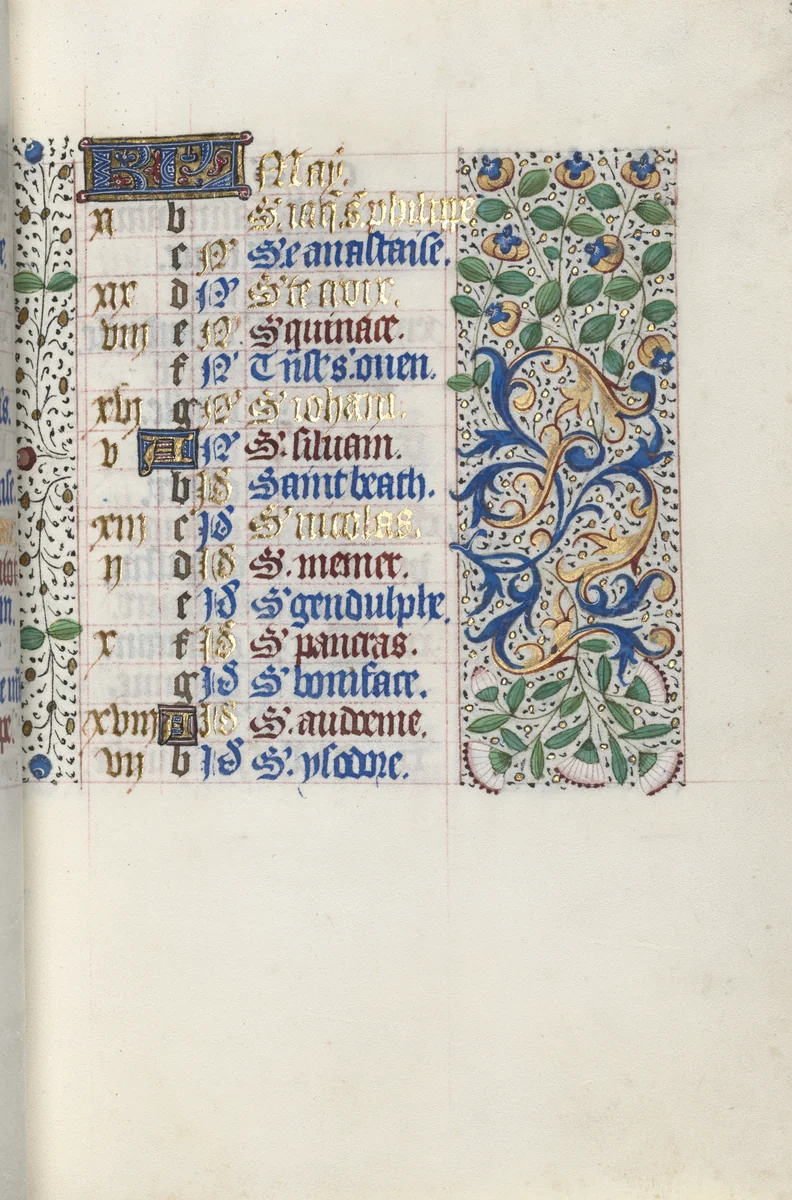 Book of Hours (Use of Rouen): fol. 5r, Calendar Page for May by Master of the Geneva Latini, book, 1465-1475