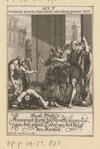 Ananias valt dood neer by anonymous, print, 1697