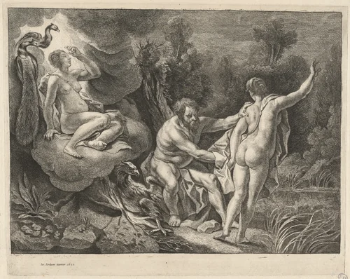 Juno Surprising Jupiter and Io by Remoldus Eynhoudts; Jacob Jordaens, print, 1652