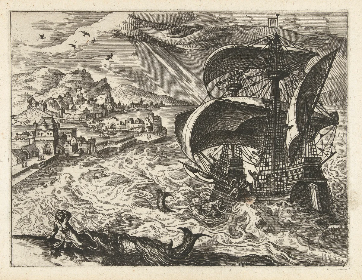 Zeegezicht met Jona en de walvis by Unknown, print, 1570-1580