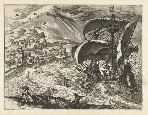 Zeegezicht met Jona en de walvis by Unknown, print, 1570-1580