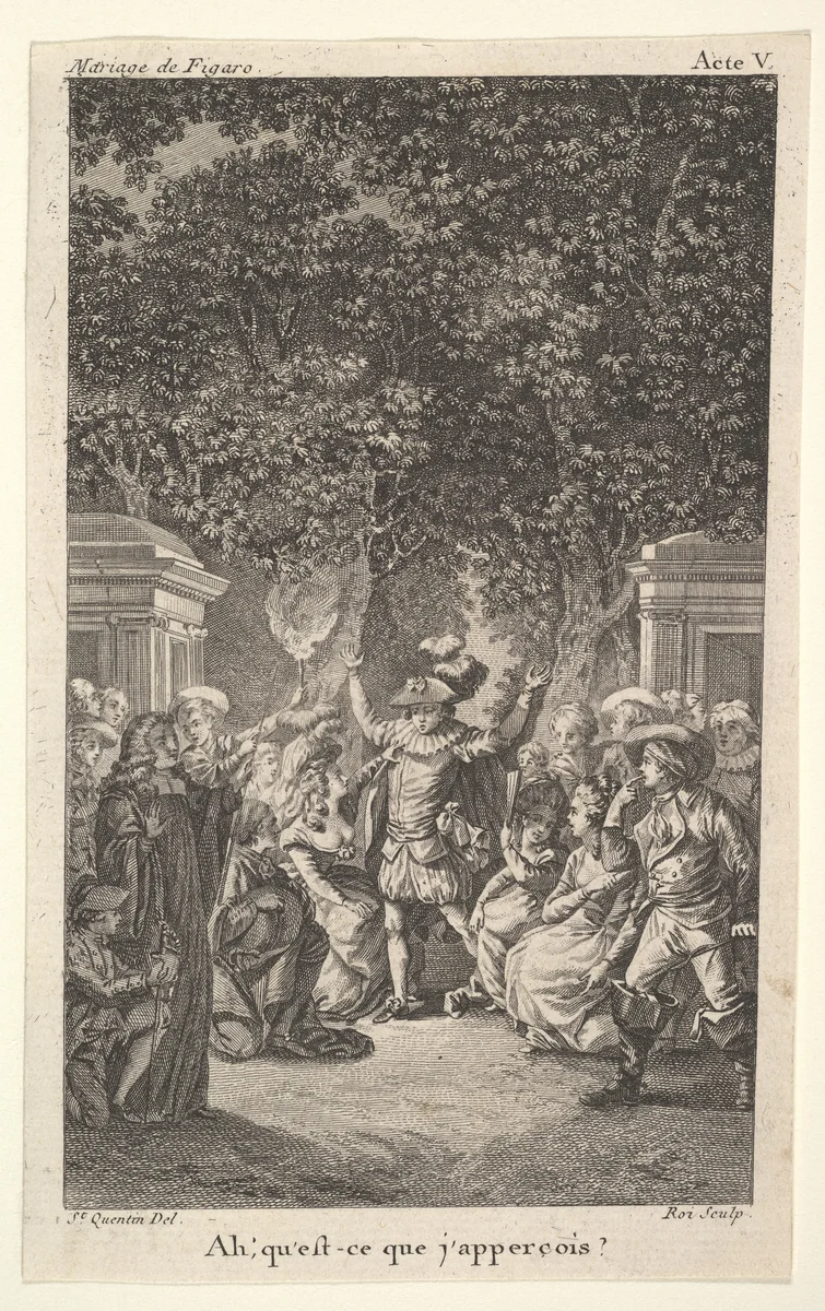 A young boy holds a torch under trees in a garden, at center a man raises both arms, surrounded by male and female figures, from a series of five illustrations after Jacques Philippe Joseph de Saint-Quentin for 'The mad day, or the marriage of Figaro' (La Folle journée, ou le mariage de Figaro) by Pierre Augustin Caron de Beaumarchais by Jacques Philippe Joseph de Saint Quentin, print, 1784