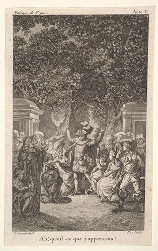 A young boy holds a torch under trees in a garden, at center a man raises both arms, surrounded by male and female figures, from a series of five illustrations after Jacques Philippe Joseph de Saint-Quentin for 'The mad day, or the marriage of Figaro' (La Folle journée, ou le mariage de Figaro) by Pierre Augustin Caron de Beaumarchais by Jacques Philippe Joseph de Saint Quentin, print, 1784