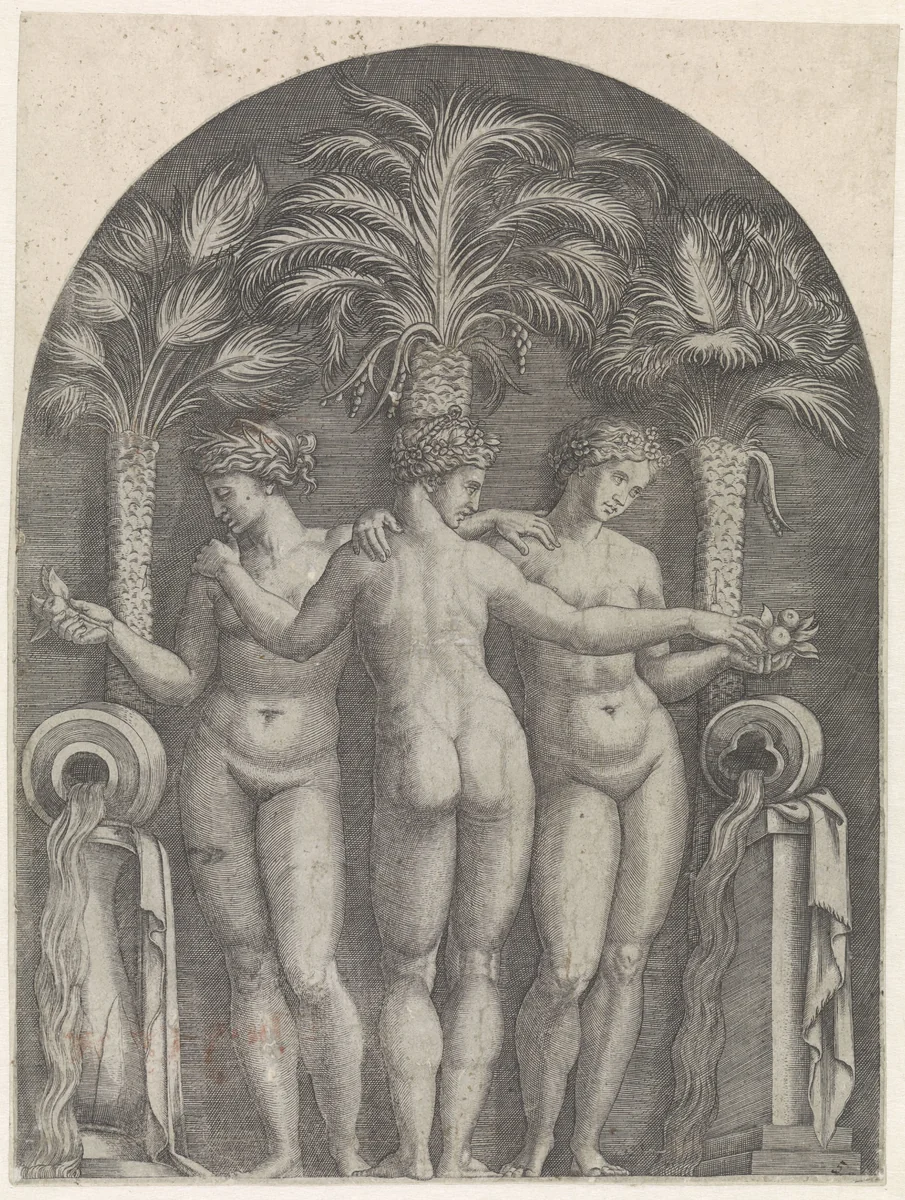 Drie gratiën staand in nis voor drie palmbomen en geflankeerd door kruiken waar water uit stroomt. by Marcantonio Raimondi, print, 1510-1527