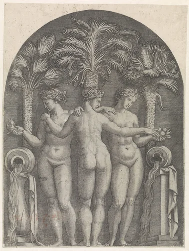 Drie gratiën staand in nis voor drie palmbomen en geflankeerd door kruiken waar water uit stroomt. by Marcantonio Raimondi, print, 1510-1527