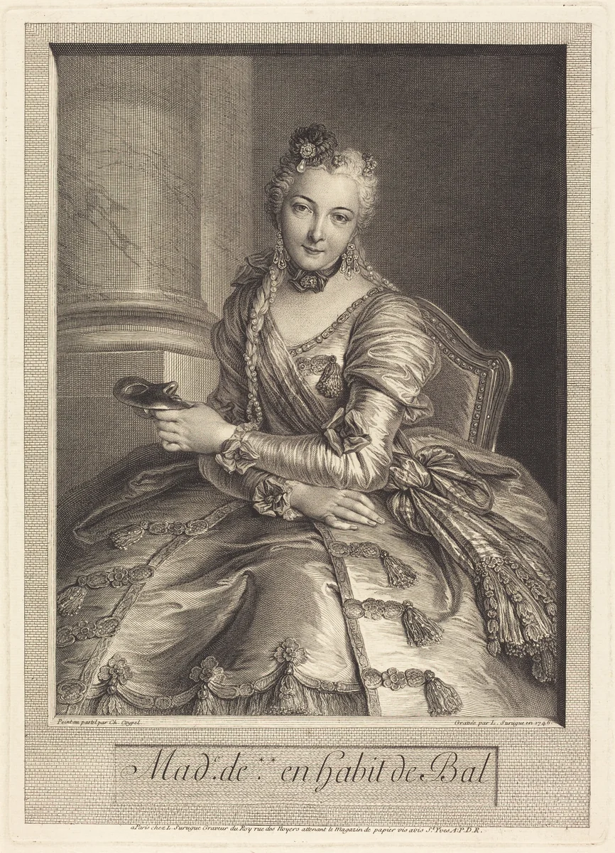 Mme. de M ... en habit de bal by Pierre Louis de Surugue; Charles-Antoine Coypel, print, 1746