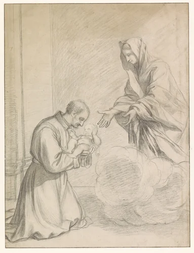 De H. Cajetanus van Thiene neemt van Maria het Christuskind in de armen by Claude Mellan, drawing, 1671-1688