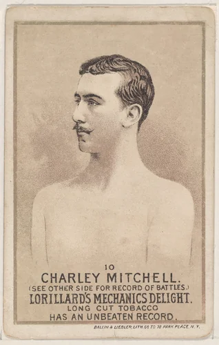 Card 10, Charley Mitchell, from the Prizefighters series (N269) issued by P. Lorillard Company to promote Mechanics Delight Long Cut Tobacco by P. Lorillard Company, print, 1887