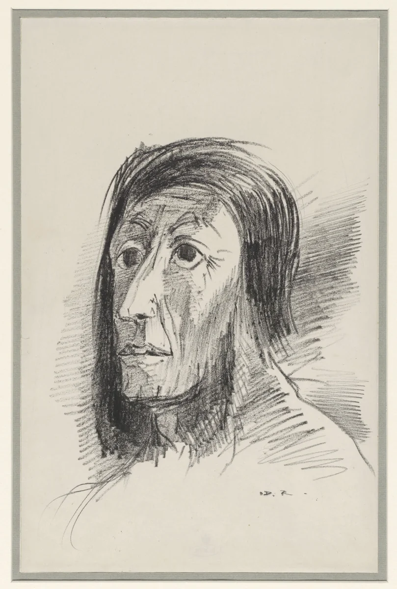 Door zwart haar omlijste kop met wijd opengespalkte ogen by Odilon Redon, drawing, 1891