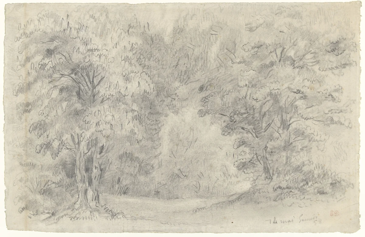 Gezicht in een bos by Eugène Delacroix, drawing, 1858