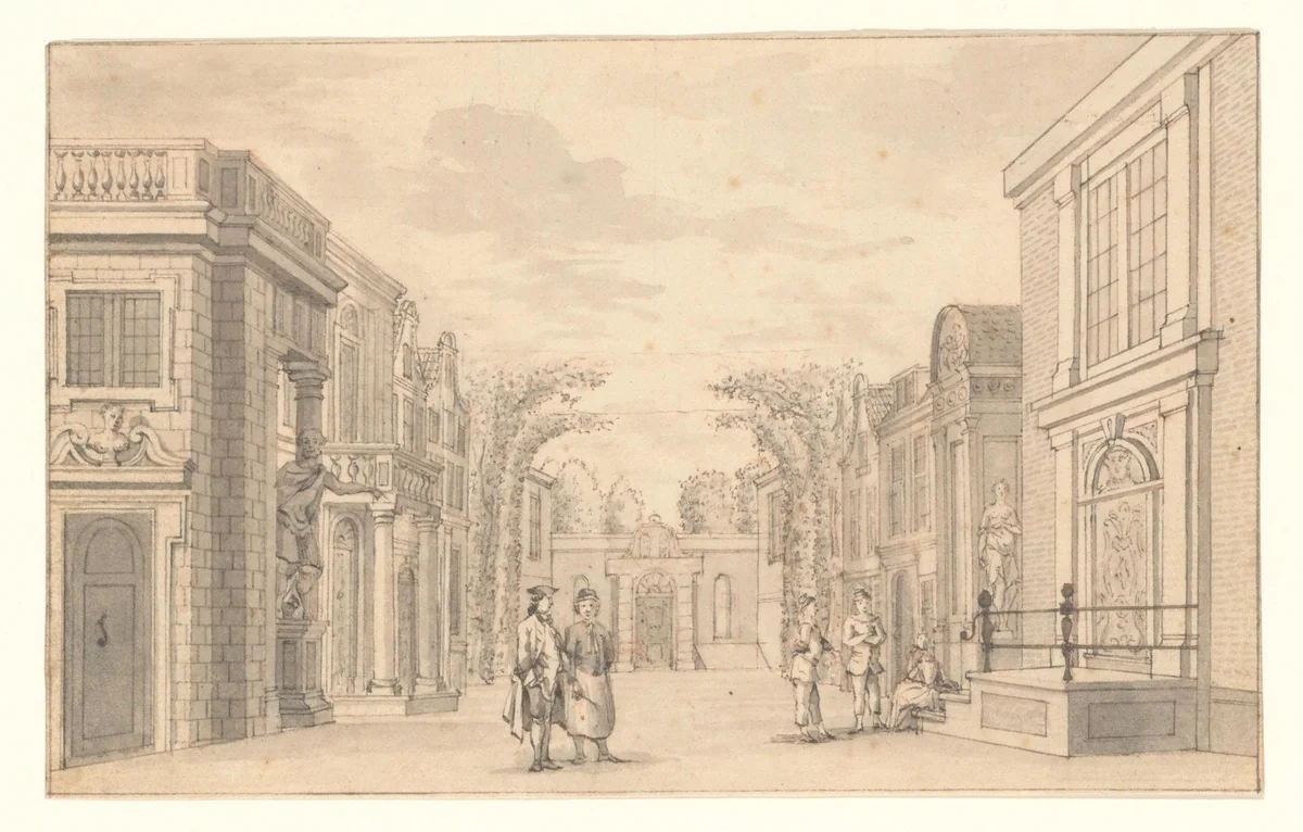 Gezicht op het podium van de schouwburg van Van Campen met voorstelling by anonymous, drawing, 1665-1772