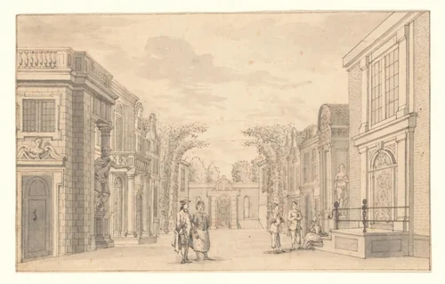 Gezicht op het podium van de schouwburg van Van Campen met voorstelling by anonymous, drawing, 1665-1772