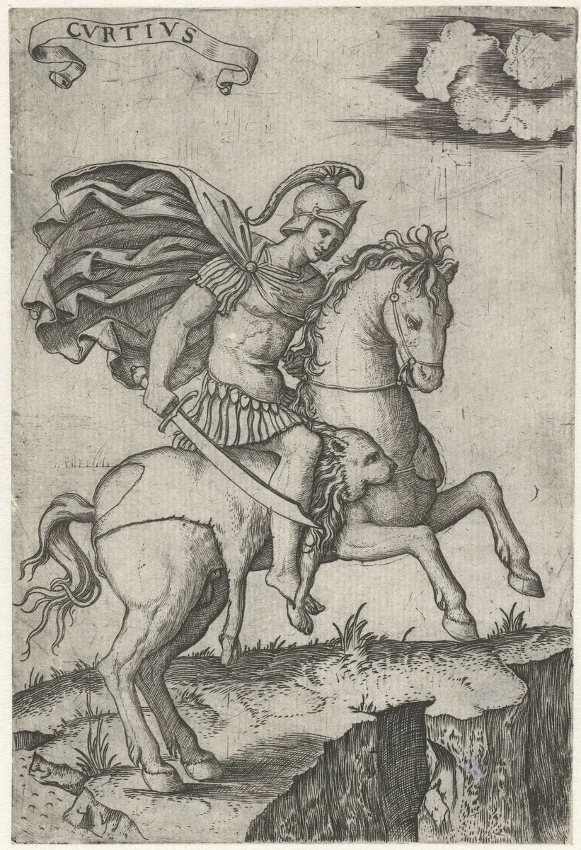 Romeinse soldaat Marcus Curtius in wapenrusting te paard stort zich in kloof by Marcantonio Raimondi, print, 1500-1527