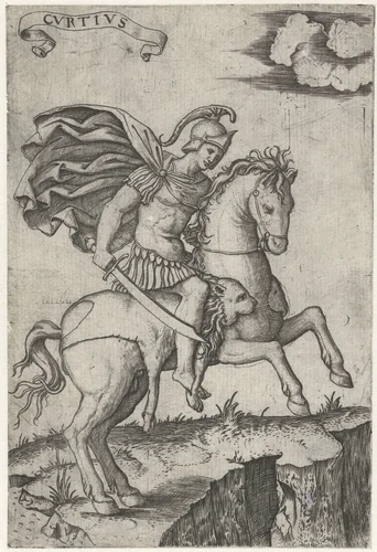 Romeinse soldaat Marcus Curtius in wapenrusting te paard stort zich in kloof by Marcantonio Raimondi, print, 1500-1527