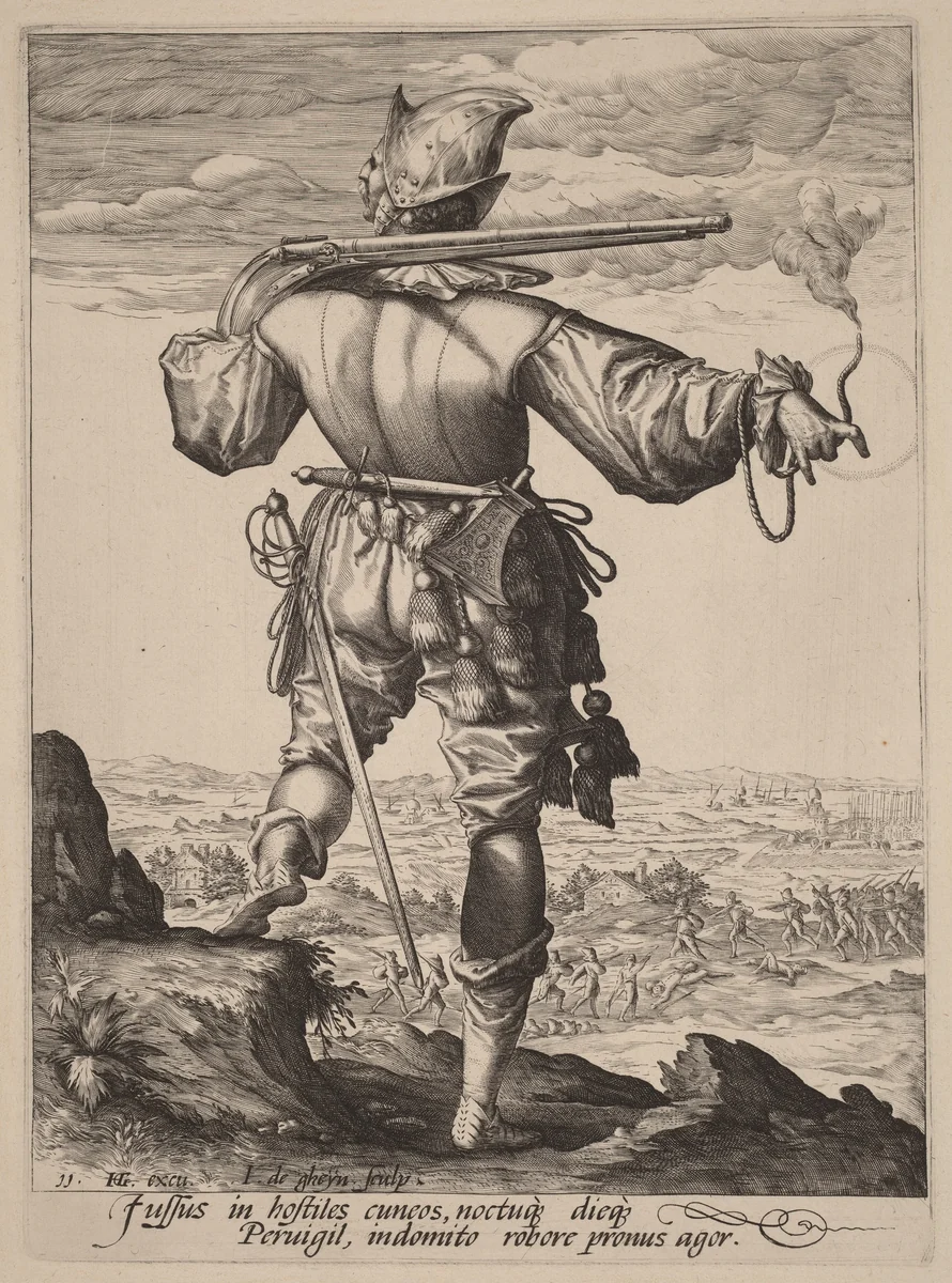 Helmeted Musketeer by Jacques de Gheyn II, portfolio, 1587