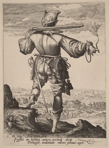 Helmeted Musketeer by Jacques de Gheyn II, portfolio, 1587