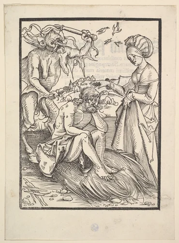 Job Tempted by a Demon; verso text from the Speculum Patientiae by Hans Baldung, print, 1509