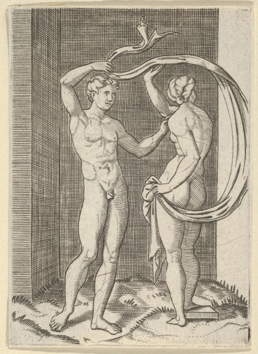 Naked woman viewed from behind holding fabric which billows behind her, looking at naked man standing before her by anonymous, print, 1500-1600