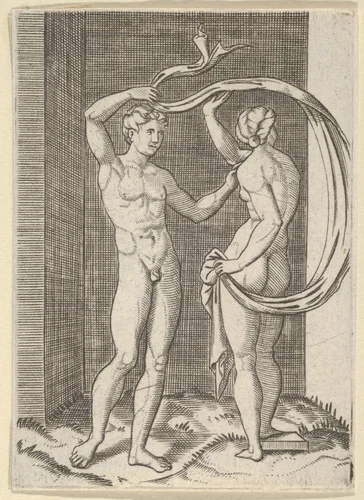 Naked woman viewed from behind holding fabric which billows behind her, looking at naked man standing before her by anonymous, print, 1500-1600