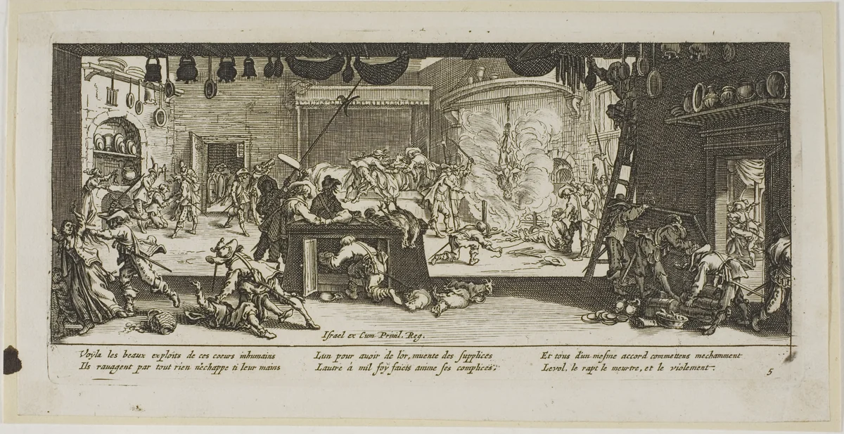 Plundering a Large Farmhouse, plate five from The Large Miseries of War by Gerrit Lucasz van Schagen, print, 1612-1635