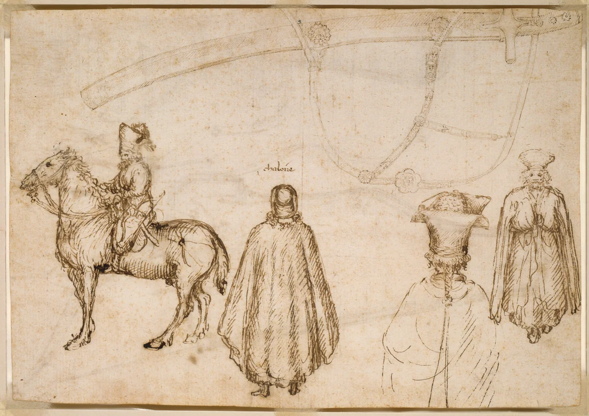 Sketches of the Emperor John VIII Palaeologus, a Monk, and a Scabbard by Pisanello, drawing, 1438