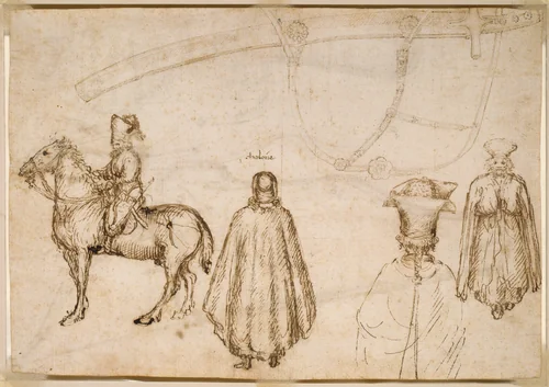 Sketches of the Emperor John VIII Palaeologus, a Monk, and a Scabbard by Pisanello, drawing, 1438