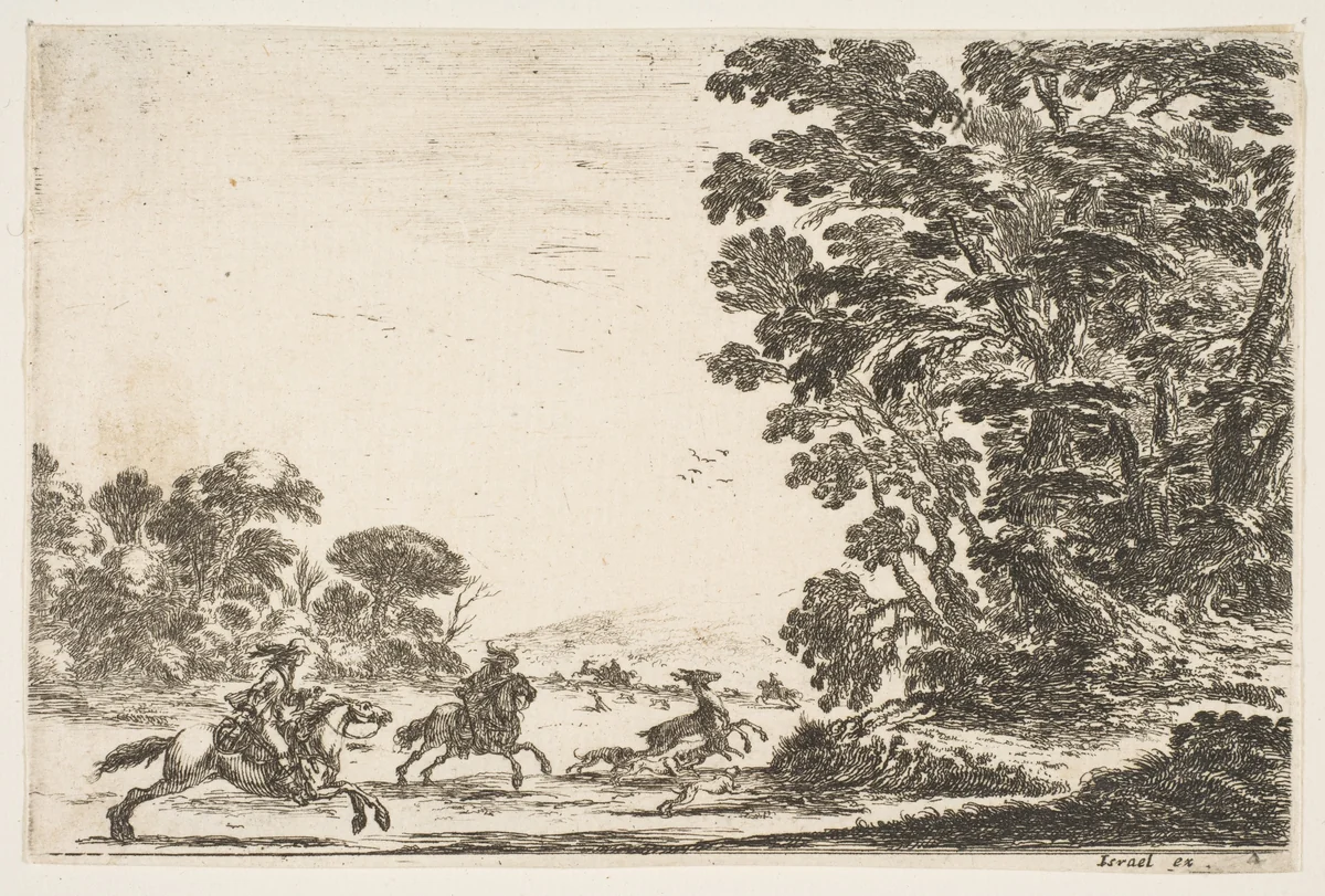 A deer hunt, two horsemen galloping towards the left behind three dogs and a deer, a group of trees to right, plate 4 from "Various Figures" (Agréable diversité de figures) by Stefano della Bella, print, 1642
