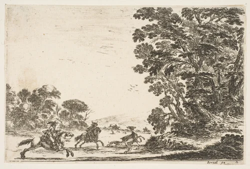 A deer hunt, two horsemen galloping towards the left behind three dogs and a deer, a group of trees to right, plate 4 from "Various Figures" (Agréable diversité de figures) by Stefano della Bella, print, 1642