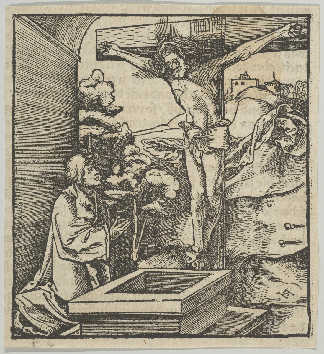 A Man Praying before a Crucifix, from Hymmelwagen auff dem, wer wol lebt... by Hans Schäufelein, print, 1517