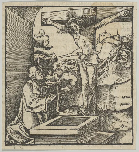 A Man Praying before a Crucifix, from Hymmelwagen auff dem, wer wol lebt... by Hans Schäufelein, print, 1517