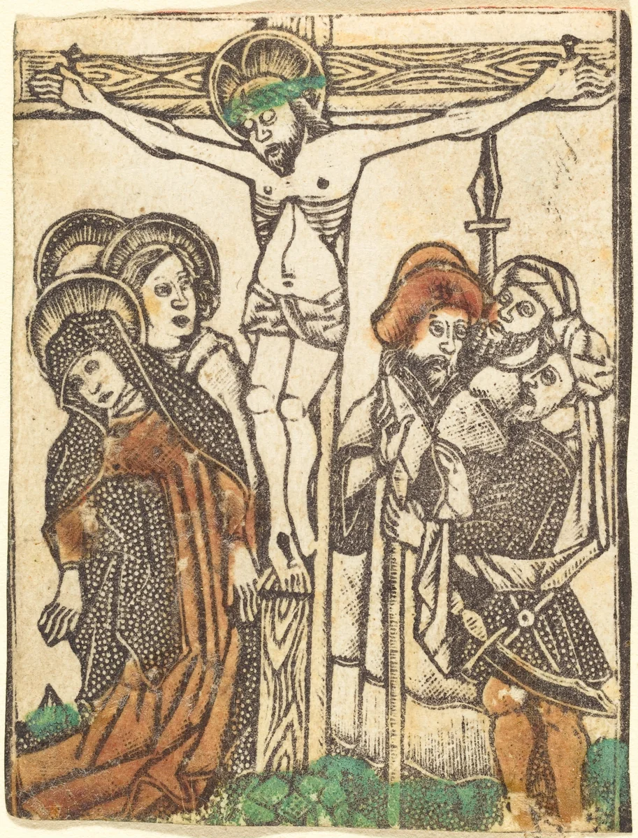 The Crucifixion by Master of the Borders with the Four Fathers of the Church, print, 1460-1480