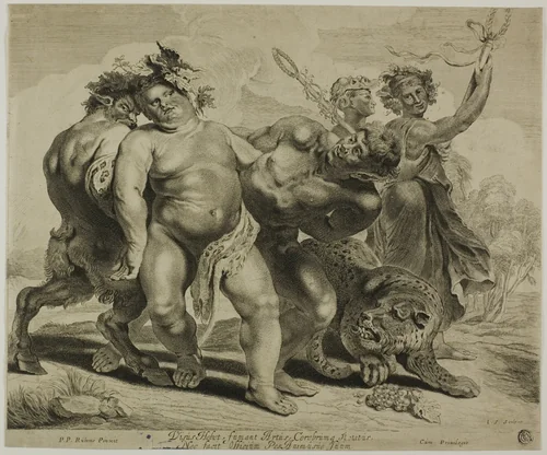 Drunken Bacchus Helped on his Way by Jonas Suyderhoef, print, 1633-1686