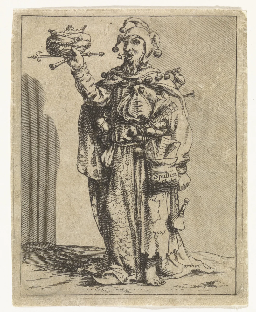 Nar met kroon en fluit by Hendrik Pola, print, 1705-1713